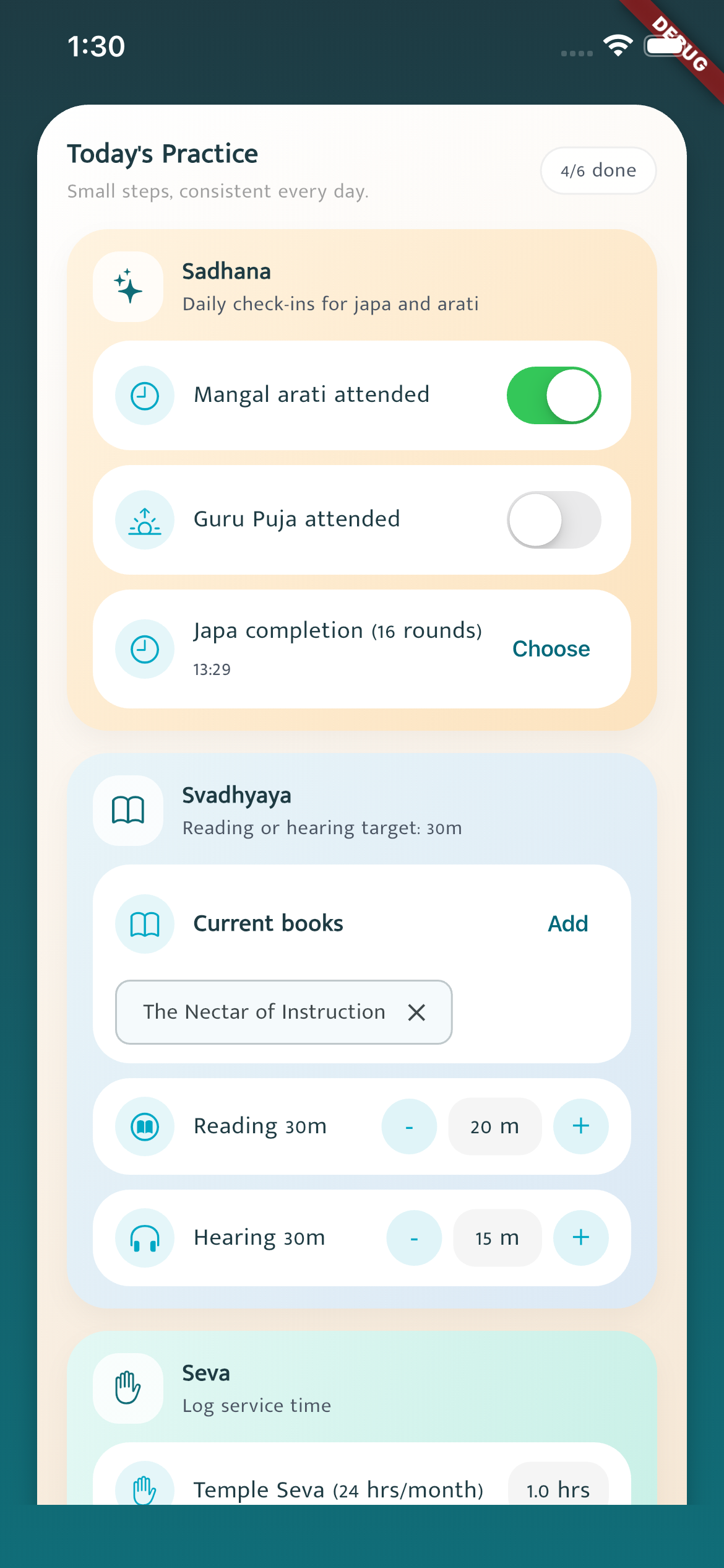 Practice details with Japa and books